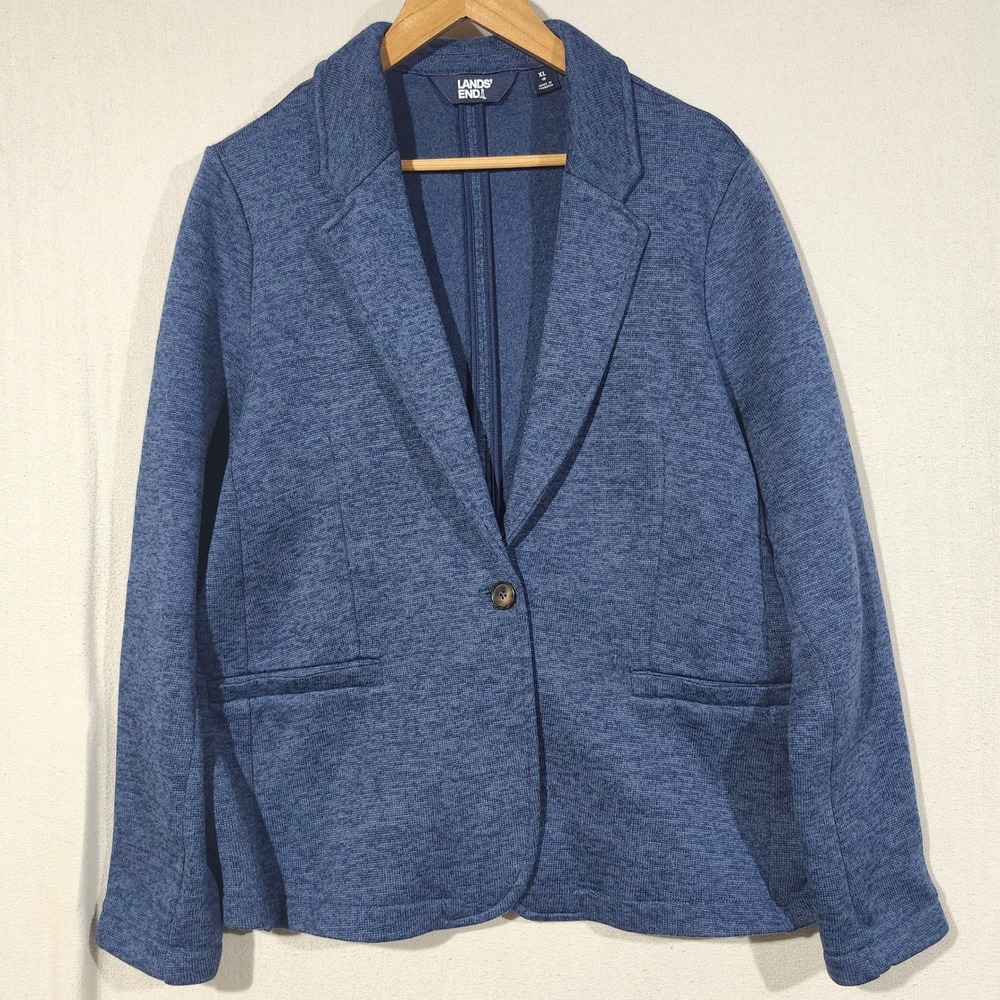 Lands' End Women XL 18 Blue Heathered Knit Single Button Blazer Jacket 519123